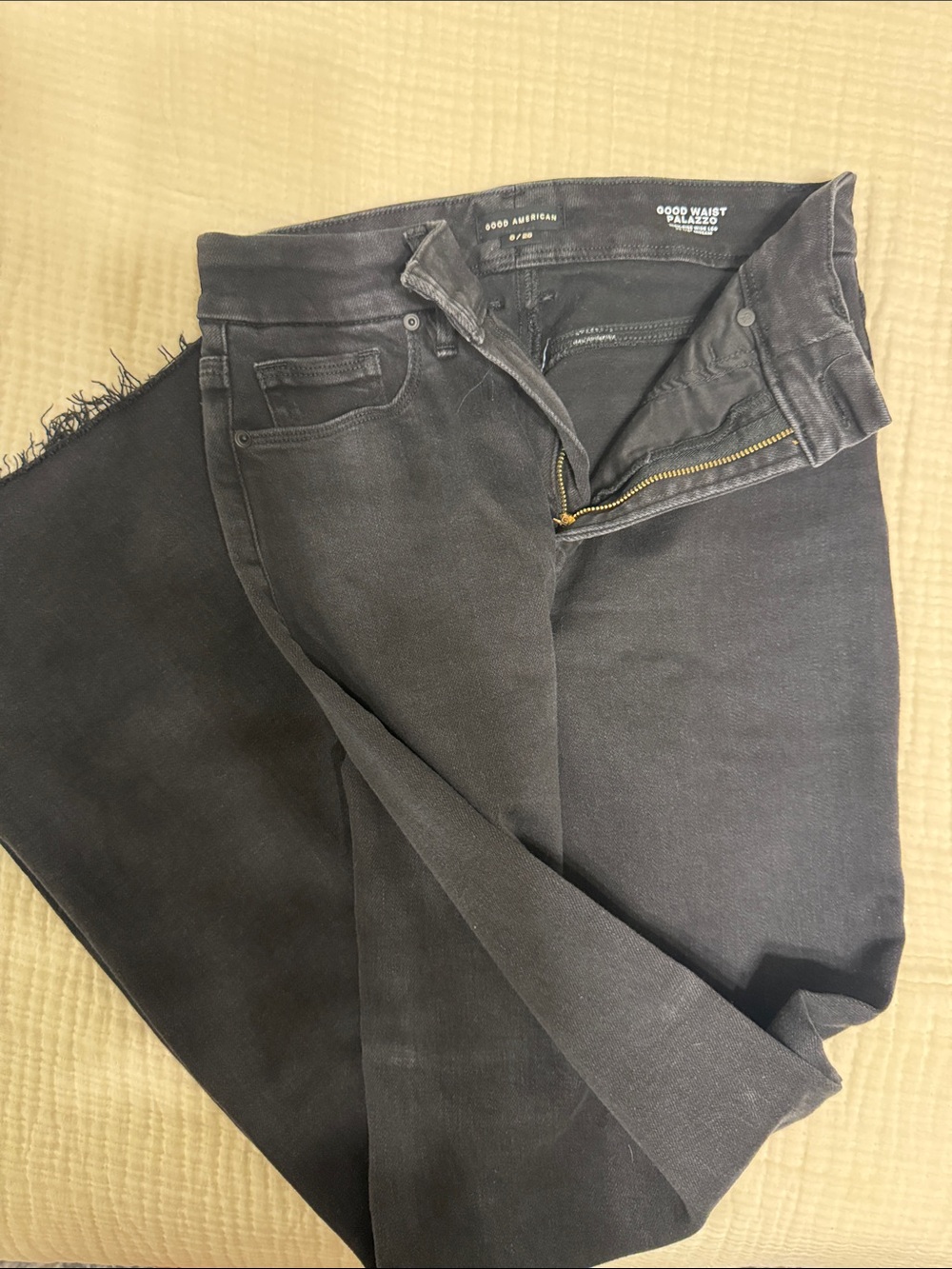 Good American Washed Black High-Rise Palazzo Jeans with Raw Hem